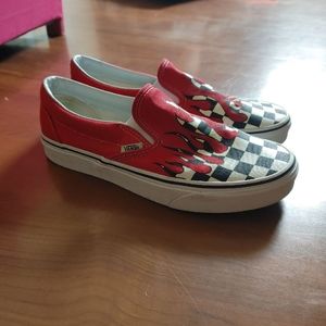 Vans slip on red and white flames with checkers